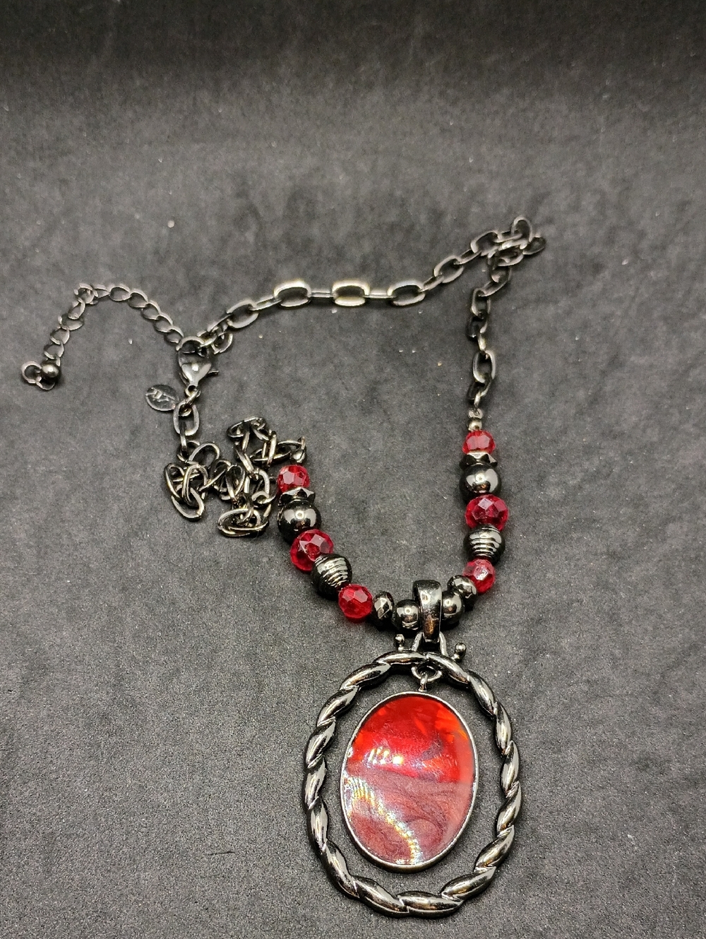 Red Oval Pendant Necklace with Beaded Chain